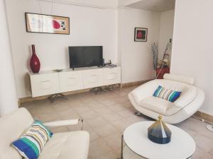 马赛马赛乐皮西亚斯港口公寓的客厅配有两把白色椅子和电视