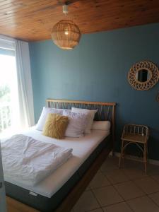 弗龙蒂尼昂Appart' cosy climatisé à 10' des plages et de Sète的一间卧室配有一张蓝色墙壁的床