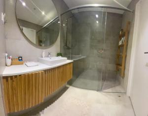 贝尔格莱德Queen Apartments Belgrade Waterfront的带淋浴、盥洗盆和镜子的浴室