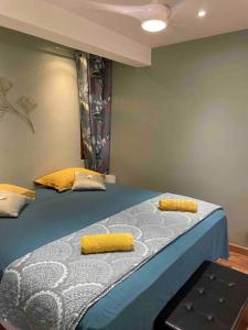 圣皮埃尔Beau logement en rez de jardin / terrasse privée / plage et ville à pied的一间卧室配有一张带黄色枕头的床。
