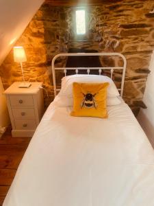 GuerlédanTrevejean chambre d'hotes de charme的一张黄色枕头的床,上面有摄像头