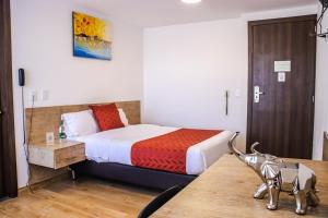 伊皮亚莱斯Nogal Suite Hotel Ipiales的酒店客房设有一张床和一张桌子