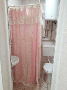 斯科普里Vila Fantastico的一间带粉红色淋浴帘和卫生间的浴室