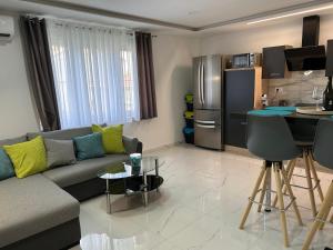 里耶卡Rijeka UrbanSPA的带沙发的客厅和厨房