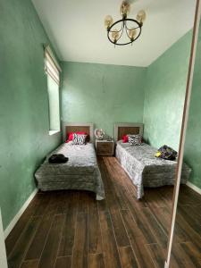 巴库Baku White Villa的配有绿色墙壁和木地板的客房内的两张床