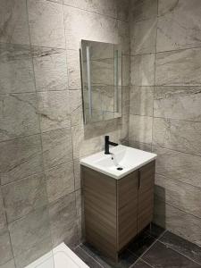 卡迪夫Stylish Penarth Marina Apartment的一间带水槽和镜子的浴室