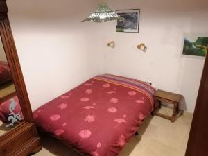 博迪昂La maison de la vigne的一间卧室配有红色的床,上面有粉红色的鲜花