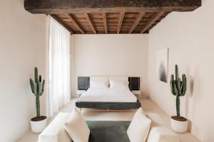 科莫Palazzo Mazzini的一间卧室配有床、沙发和仙人掌