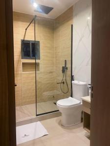 阿布贾Knightsbridge Hotel & Suites的带淋浴、卫生间和盥洗盆的浴室