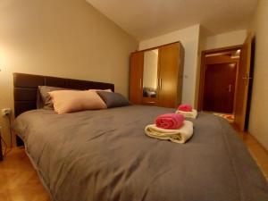 布尔奇科Venus Apartman的一间卧室配有一张大床和毛巾