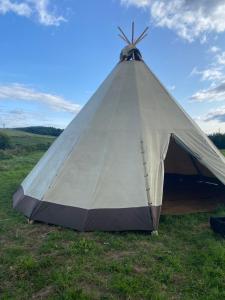 Stoke CanonDevon Tipi Camp And Glamp的坐在草地上的帐篷