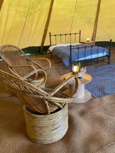 Stoke CanonDevon Tipi Camp And Glamp的藤椅和帐篷内的桌子