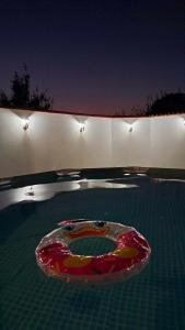 奥赫里德Villa Apartments B&D的游泳池,晚上有五颜六色的水碗