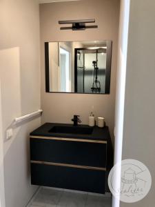 德哈恩Appartement Sealight的浴室设有黑色水槽和镜子