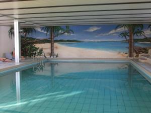 拉茨欧马兹Appartement avec vue imprenable的一个带海滩壁画的游泳池