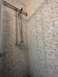 莫尼兹港Casa da Nogueira的一间带淋浴的浴室,配有瓷砖墙壁