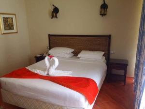 阿莱曼فندق و سبا بورتو مارينا的一间卧室配有一张带红白毯子的床