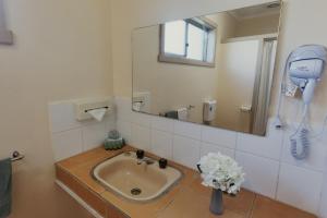 巴拉腊特Woodmans Hill Motel的一间带镜子和电话的盥洗盆的浴室