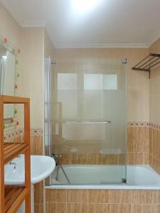 阿维莱斯Bonito Apartamento en Aviles的带淋浴、浴缸和盥洗盆的浴室