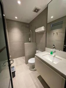 SengkuangMonde Residence H12 Batam Centre的一间带卫生间、水槽和镜子的浴室