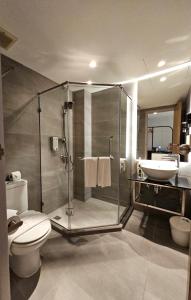 斯里巴加湾市汶萊酒店的带淋浴、卫生间和盥洗盆的浴室