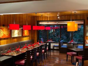 蒙泰韦尔德哥斯达黎加特拉普蒙特维多家庭旅舍的一间带桌椅和红灯的用餐室
