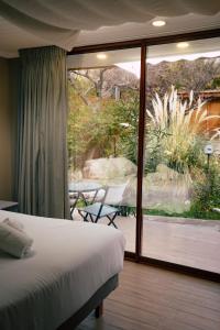皮斯科艾齐Hotel El Tesoro de Elqui的一间卧室配有一张床,享有庭院的景色