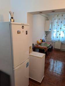 普雷代亚尔Orion的厨房配有白色冰箱和桌子