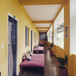 黎明之村WoodPacker Hostel Auroville Pondicherry的黄色墙壁的房间的一排床