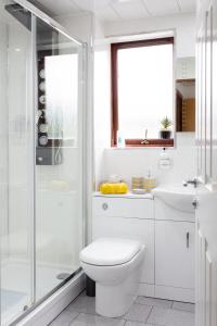 邓弗姆林Bothwell Court Apartments的白色的浴室设有卫生间和淋浴。