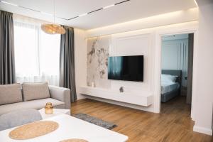 乌尔齐尼Hotel Teuta的客厅配有沙发和墙上的电视