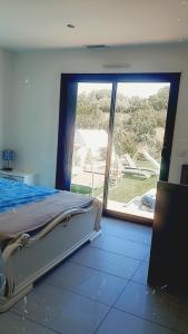 Murviel-lès-MontpellierMagnifique villa au calme avec piscine et jacuzzi chauffées的一间卧室设有一张床和一个大窗户