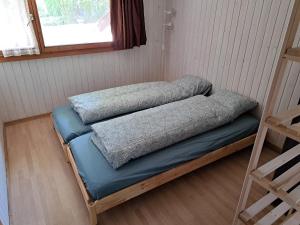 伯特班迪索斯Studio indépendant en résidence avec extérieur的两个枕头坐在房间里的床边