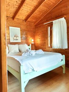 莫沙夫拉莫特Eden Ramot Chalets的木制客房内的一间白色床卧室