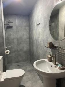 科布列季阿米戈二号酒店的一间带水槽、卫生间和镜子的浴室