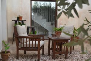 卡拉瓦卡·德·拉·克鲁斯Hotel La Vera Cruz的客厅配有两把椅子和一张植物桌子
