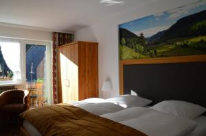 门曾施瓦德Hotel Silberfelsen的卧室配有一张床,墙上挂有绘画作品