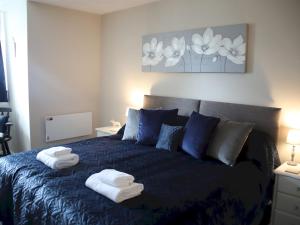 卡马森Pass the Keys Pet friendly Garden flat in Carmarthen的一间卧室配有蓝色的床和毛巾