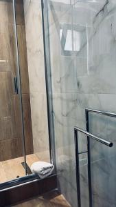 奈德里Thelxis Room的带淋浴的浴室和玻璃门