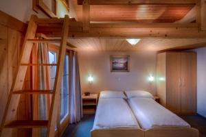 布里恩茨Hotel Wildbach Brienz的一间卧室配有一张双层床和梯子