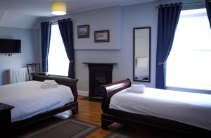 唐帕特里克Denvir's Coaching Inn的一间卧室设有两张床、一个壁炉和一个镜子