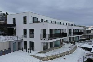 Berg bei RohrbachServiced Appartements im Zentrum Rohrbach #Komplett ausgestattet的一座白楼,人们站在雪中