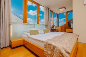 布拉格Wenceslas Square Hotel - Czech Leading Hotels的一间卧室设有一张带大窗户的床