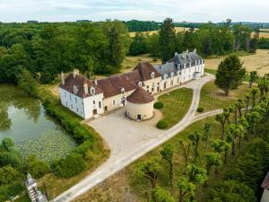 维尔法格Château de Villefargeau的享有湖景的大房子的空中景色