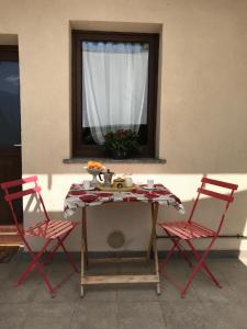 RoisanArtemisia的一张桌子,两把红色的椅子和窗户