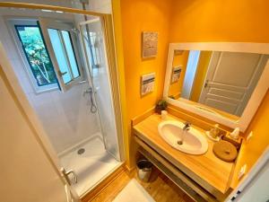 卡普费雷La Maison Bleue的一间带水槽、淋浴和镜子的浴室