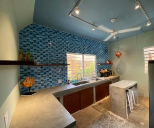 别克斯Casa de Amistad Guesthouse的厨房的墙壁上铺有蓝色瓷砖,设有水槽