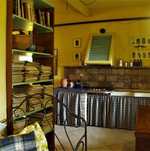 Stazzano拉揣维尔斯纳酒店的厨房配有桌子和带书籍的台面