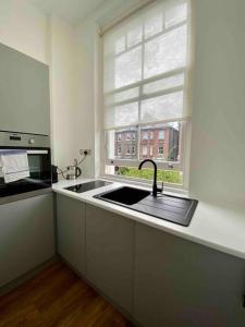 伦敦Stylish Studio near Regents Park n6的厨房设有水槽和窗户。