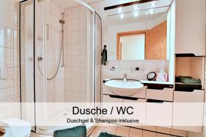 Seewis im PrättigauGemütliche 2.5 Zimmer Wohnung mit privater Sauna的带淋浴和盥洗盆的浴室